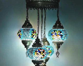Turkse mozaïekkroonluchter, blauwe turquoise mozaïeklamp Marokkaanse stijl, handgemaakte Turkse mozaïekhanglamp, kleurrijke mozaïekplafondlamp.