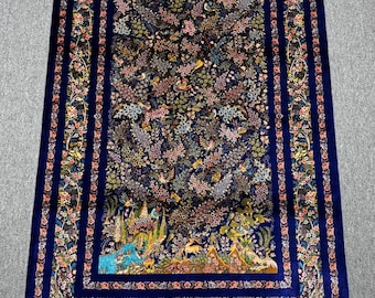 May include: A navy blue rectangular rug with an intricate floral and fauna design. The rug features a central pattern of trees, birds, and animals, framed by a border of flowers and a white fringe.