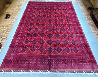 Handmade Afghan Turkish Oriental Rug - 9.10x14.1 ft, Red & Navy Wool Carpet, Large Tribal Geometric Area Rug for Living Room Home Decor