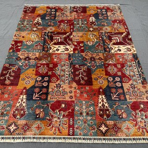Handmade Patchwork Wool Rug 5x7 | Modern Colors Hand-Knotted Area Rug | Multicolor Bohemian Carpet,Persian & Turkish Wool Living room rug.