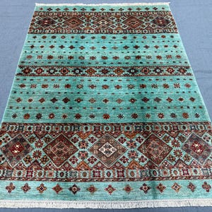 Handmade Khorjin Rug 5.1 x 6.9–Vintage Wool Persian Carpet, Turquoise Tribal Geometric Design, Traditional Oriental Area Rug, Bohemian Decor