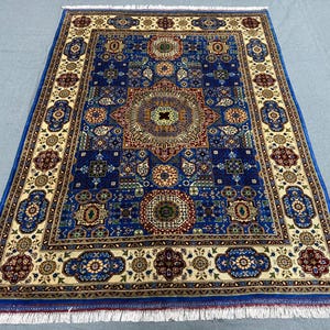 Navy Blue Mamluk Area Rug –Artisan Handmade Wool Carpet for Living Room or Bedroom,Luxurious Traditional Blue Carpet for Home,5x6 Modern rug