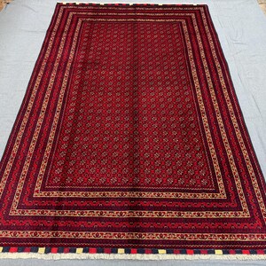 Handmade Turkmen Afghan Rug - 6.5x9.9 ft, Red, Black Geometric Wool Carpet, Nomadic Tribal Area Rug for Living Room, Home Decor
