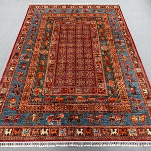 Vintage Style Pazyryk Rug 6x8 ft – Handmade Wool Area Rug with Tribal Horse Motifs – Red Blue Multicolor Nomadic Design Rug for living room