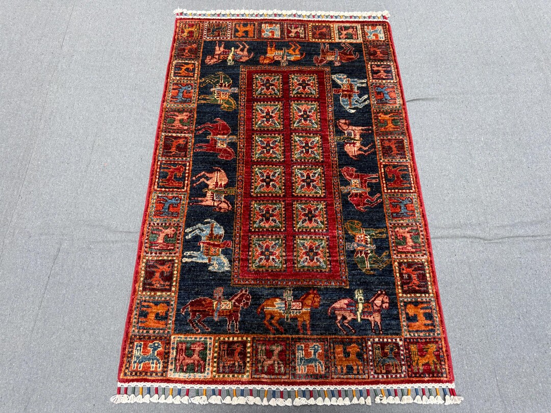Small Vintage Style Pazyryk Rug 3x4 Ft – Handmade Wool Accent Rug With ...