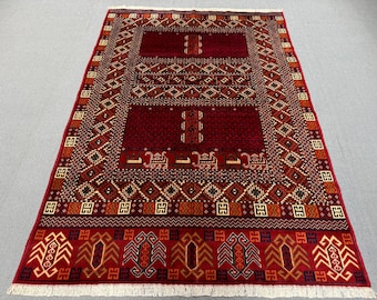 Handmade Red Ersari Turkman Rug  5x7 ft – Tribal Wool Carpet with Geometric Motifs | Vintage-Style Runner for Entryway or Living Room