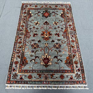 Handmade Floral Wool Rug 3x5 ft – Light Blue and Multicolor Sultani-Style Carpet, Elegant Botanical Design for Entryway or Small Room