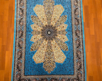 Silk Blue and Gold Medallion Rug, One of a kind Decorative Accent Carpet | Elegant Floral Center Design for Entryway or Wall,Silk area rug