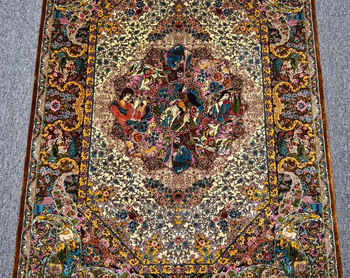 Persian Storytelling Silk Rug 3x5 Ft – Luxury Art Carpet With ...