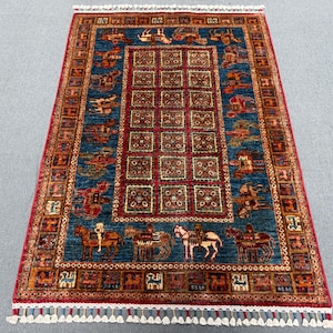 Horse Design Pazyryk Rug 3x4 ft – Handmade Small Wool Accent Rug with Nomadic Motifs – Red and Blue Tribal Wall Decor or Entryway Carpet
