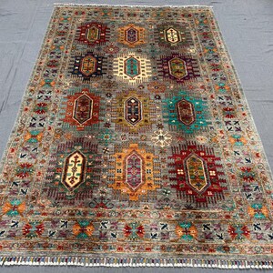 One-of-a-Kind Waziri Rug 6x8 Ft – Handmade Oriental Wool Area Rug with Tribal Geometric Design | Colorful Boho Carpet | 172x245 cm