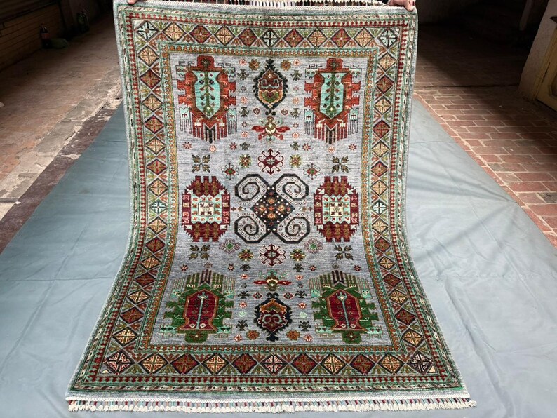 Handmade Waziri Tribal Wool Rug | Living Room - Bedroom Rug - 6x9 Rug,Unique Handmade Rug,Tribal Wool Carpet with Ethnic Motifs.