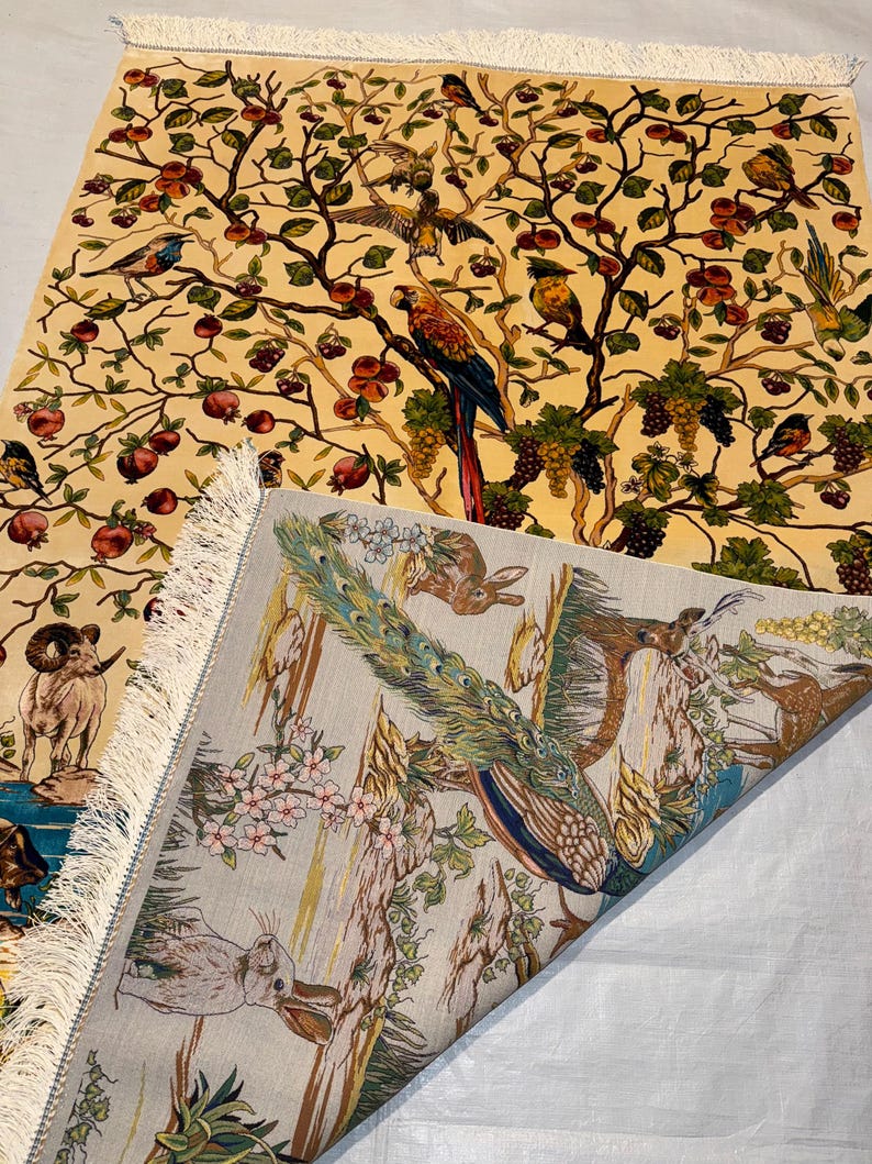 Exquisite 4x6 Persian Silk Rug - Nature & Wildlife Scene with Birds, Deer, and Floral Design, Luxury Oriental Carpet
