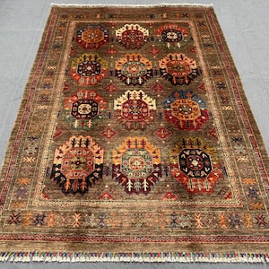 Handmade Waziri Wool Rug 6x9 Ft – Tribal Carpet with Ethnic Motifs | Unique Wool Area Rug for Living Room