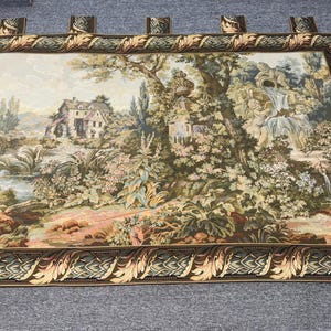 フランス製織り壁掛けタペストリー – 城とフルーツのボーダーのある庭園風景 – 39 x 82インチ – ジャカード織りヴィンテージスタイル壁掛けアート