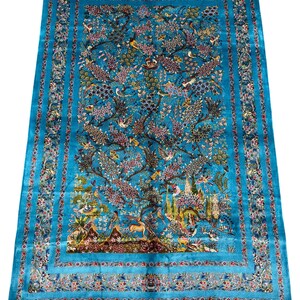 Silk Blue Garden Scene Rug – Elegant Floral & Animal Carpet ...