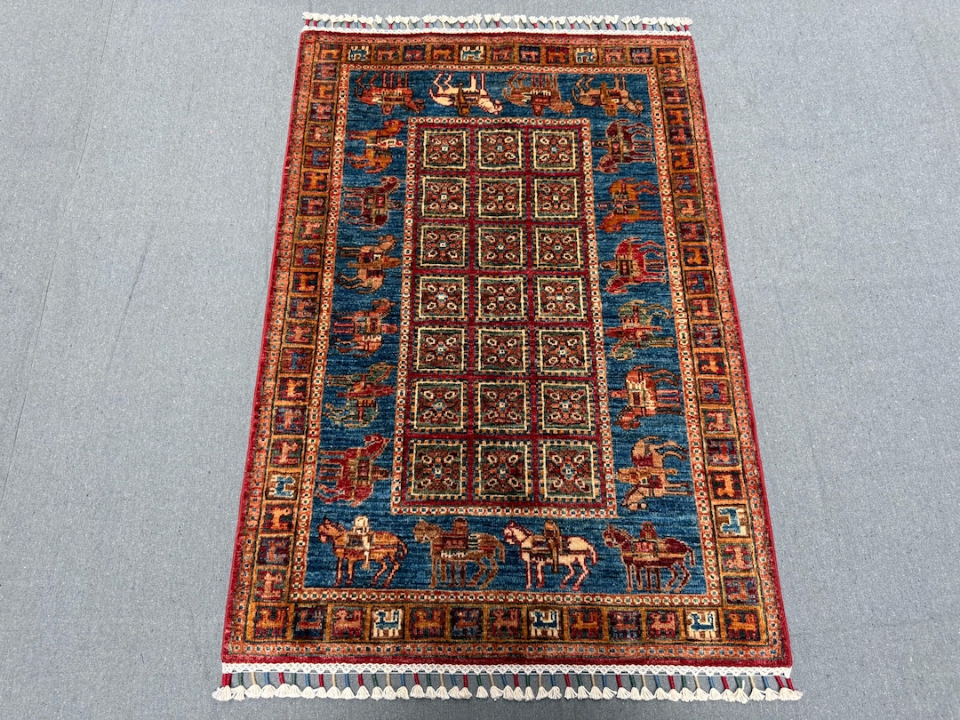Handmade Antique Style Pazyryk Wool Rug 3x4 Ft – Tribal Grid and Horse ...