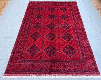 Handmade Afghan Turkish Oriental Rug - 6.9x10 ft, Red & Navy Wool Carpet, Traditional Tribal Geometric Area Rug for Living Room Home Decor