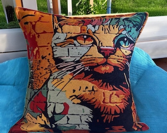 Vintage Cat Art Throw Pillow,Unique Gift for Cat Lovers,Cat Lover Gift Idea,Handmade Embroidered Cat Pattern Pillow,Colorful  Cat Cushion
