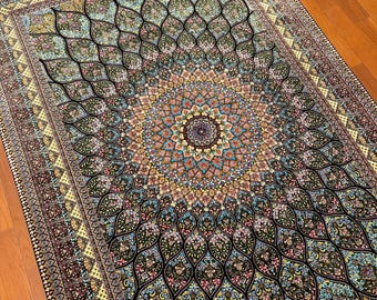 カラフルな花柄メダリオン エリア ラグ 3.3 x 5 フィート – 100 x 150 cm タブリーズ スタイルの装飾カーペット | エレガントな壁アートまたは床のアクセント、小型エリア ラグ。