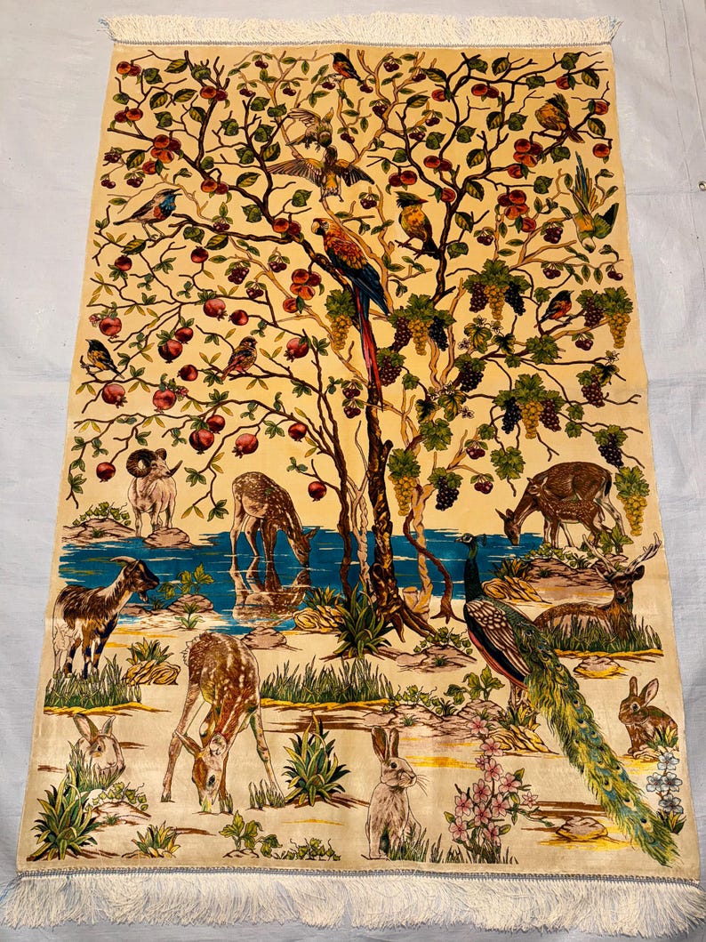 Exquisite 4x6 Persian Silk Rug - Nature & Wildlife Scene with Birds, Deer, and Floral Design, Luxury Oriental Carpet