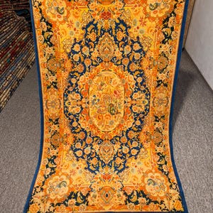 Vintage Oriental Rug with Intricate Blue and Golden Floral Patterns,Elegant Persian-Inspired Rug,Persian Shahi Tabriz Rug,Gold Oriental Rug