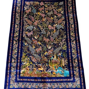 Luxury Silk Wall or Floor Rug,Art Deco Rug  – Blue Forest Scene with Birds & Deer | Decorative Oriental Carpet for Elegant Home Display