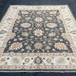 Handmade Oushak Rug - Elegant Black and Cream Floral Turkish Wool Carpet,Vintage-Inspired Oushak Rug,Rustic Turkish Oushak Rug,8x10 Rug