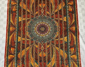 Silk Art Rug 4x6 ft – Mandala Pattern Carpet, Orange & Gold Decorative Silk Area Rug, Luxury Oriental Tapestry, Boho Wall Hanging Home Decor