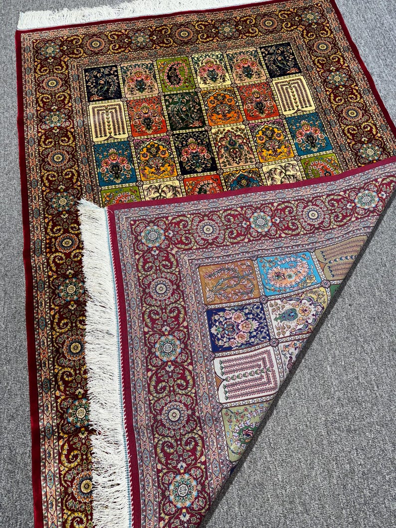 Silk Area Rug 4x6 ft – Multicolor Patchwork Panel Design with Floral Motifs – 120x177 cm Decorative Oriental Carpet for Floor or Wall