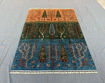 Handmade Tree of Life Rug,Gabbeh Wool Rug,Bohemian Area Rug,Gabbeh with Trees and Animal Motifs,Bedroom rug,Luxury Tree of Life Rug