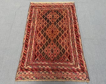 Handmade Persian Afghan Rug – Vintage Tribal Wool Carpet, Geometric Oriental Nomadic Rug, Boho Decor, Traditional Red Kilim, 2.11 x 4.6 ft
