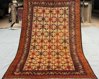 Handmade Turkish Rug-Beige and Red Geometric Wool Carpet with Tribal Patterns,Traditional Turkish Wool Rug-Area Rug with Unique Tribal Motif