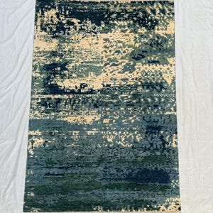 Afghan Afshaar Rug 6x9 ft – Hand-Knotted Wool Modern Abstract Area Carpet, Blue Green Ivory Artistic Wool Rug, Contemporary 180x264 cm