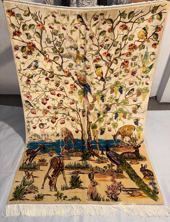 Exquisite 4x6 Persian Silk Rug - Nature & Wildlife Scene with Birds, Deer, and Floral Design, Luxury Oriental Carpet
