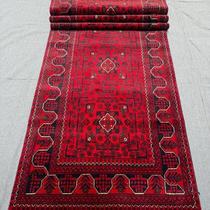 Turkish Afghan Red Runner Rug–3x13 Handmade Oriental Carpet,Hand-Knotted Red Runner–Long 3x13 Wool Rug for Hallways,Bohemian Red Runner Rug