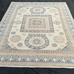 9x12 Turkish Blue Oushak Rug,Modern Handmade Blue and Cream Oushak Rug,Pastel Blue Oriental Rug,Neutral Toned Persian 9x12 living room rug
