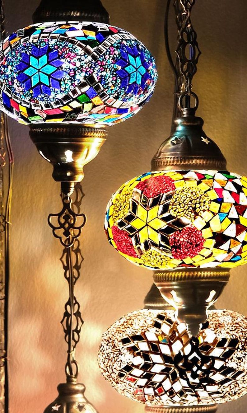 Turkish Pendant Lamp, Turkish Ceiling Lighting, Turkish Pendant Lamp, 5 Globe Mosaic Hanging Lamp, Chandeliers, Vintagelights, Vintage.