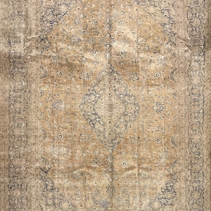 May include: A rectangular, distressed-look rug with a central medallion design. The rug features a warm, beige background with intricate patterns in shades of blue and gray. The border has a detailed, repeating floral motif.