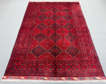 Handmade Vintage Style Wool Rug 5x8 ft – Deep Red Afghan-Inspired Carpet with Geometric Pattern, Tribal Area Rug for Living Room,bedroom