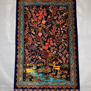 Silk Wall Hanging Rug|2x3 Deer and Floral Tree Tapestry|Persian Style Art,Luxury Silk Rug for Wall Decor|Blue Floral and Deer Statement Rug.