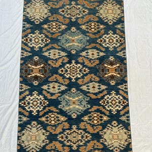 Afghan Gabbeh Rug 6x9 ft – Hand-Knotted Wool Tribal Area Carpet, Blue Brown Beige Geometric Rug, Vintage Style Afghan Wool Rug 185x273 cm