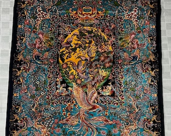 Silk Art Rug 3x5 ft Phoenix & Mythical Bird Carpet, Luxury Decorative Wall Tapestry, Detailed Silk Area Rug, Exotic Oriental Art Home Decor