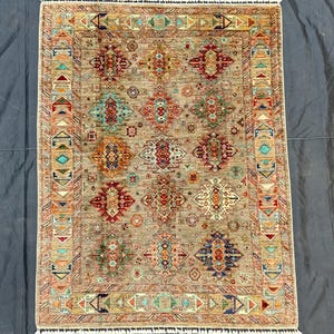 Waziri Handmade Wool Rug 5.5x7 ft – Afghan Tribal Area Carpet, Hand-Knotted Wool Rug with Geometric Design 164x215 cm