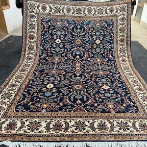 Handmade Chobi Rug -Elegant Navy Blue and Cream Wool Carpet with Floral Design,Handmade Persian Style Chobi RugNavy Blue and Beige Chobi Rug