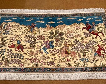 Luxurious Real Silk Handmade Rug with Hunting Scene,Elegant Persian Hunting Scene Rug,Silk Wall Hanging Rug,Decorative Real Silk Rug.