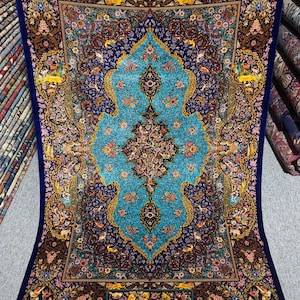Silk Persian Style Blue and Navy Rug with Medallion, Birds and Floral Motifs –Small Luxurious Oriental Carpet for Living Room or Entryway,