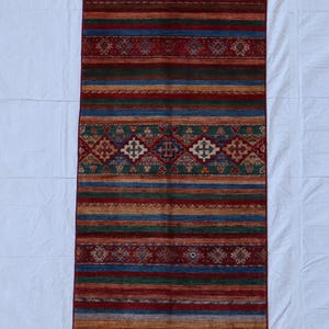 Khorjin Runner Rug 3x10 ft Tribal Striped Pattern Carpet Red Blue Geometric Hallway Rug Long Narrow Decorative Rug