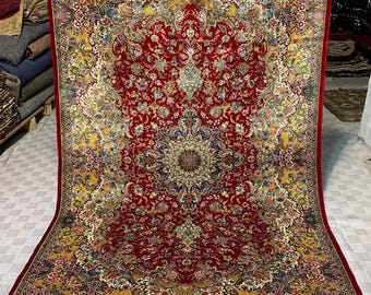 Silk Medallion Floral Rug 4x6 ft Red Luxury Area Rug Intricate Classic Design Decorative Living Room Bedroom Elegant Carpet