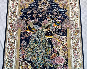 Luxury Silk Peacock Rug 5x7 ft – Elegant Decorative Art Carpet with Floral Details – Shiny Soft Silk Area Rug for Living Room & Bedroom